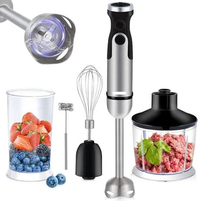 Image de Mixeur à main sans BPA, lames en acier inoxydable, 1 200 W, 6 vitesses, accessoire de coupe de 500 ml, bol de 600 ml