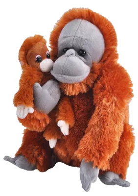 A stuffed toy orangutan mother holding her baby.