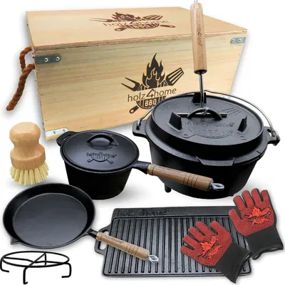 Immagine prodotto di holz4home® Set di forni olandesi da 9 pezzi I Pentola in ghisa da 4,3L in cassetta di legno I Piastra per grigliare pentola di cottura Sollevatore di coperchio Spazzola per la pulizia