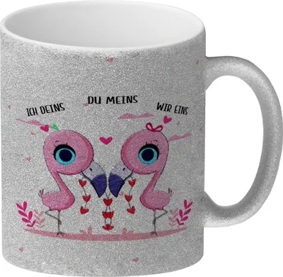 Produktbild von Flamingo Pärchen Glitzer-Kaffeebecher mit Spruch