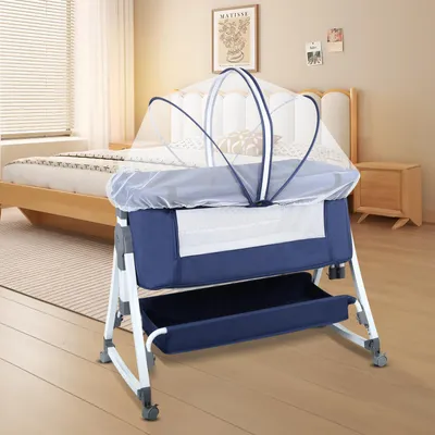Produktbild von Babybett 6-stufig verstellbares Beistellbett mit Rollen & Moskitonetz 91x50x116cm Marineblau