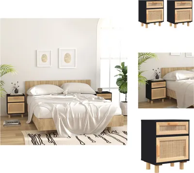 Zdjęcie produktu dla vidaXL Szafki nocne 2 szt. czarna lita sosna i naturalny rattan - Szafki nocne