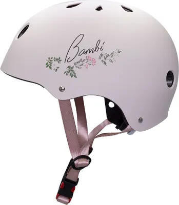 A light pink helmet with a floral design and the word "Bambi" written on it.