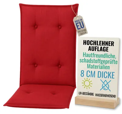 Produktbild von Pillows24 - Hochlehner Auflagen 120x50x8 cm | Gesteppte Wetterfeste Gartenstuhlauflagen | Polster Sitzkissen für Gartenmöbel | EU | Rot