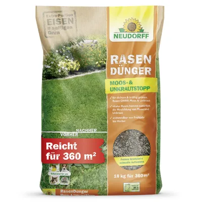 Produktbild von Neudorff RasenDünger UnkrautStopp 18kg für 360m² mit Extra Eisen gegen Moos und Unkraut feine Körnung tierfreundlich