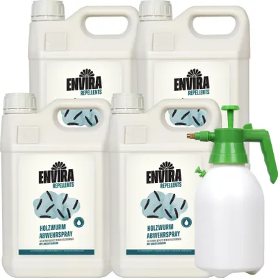 Produktbild von Envira Holzwurm Abwehrspray 4 x 5L + 2L Drucksprüher - Spray mit Langzeitwirkung gegen Holzbock & Holzwurm