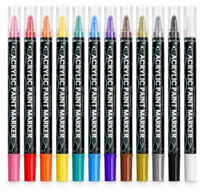 Produktbild von 12 Acrylmarker im Set, Dual-Tip, wasserfest, 1–5 mm Dot-Spitze und 1 mm Feinspitze