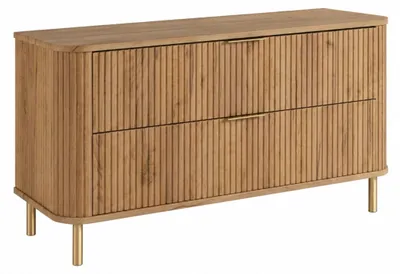 Image de Armoire de salle de bain sur pied, avec tiroirs et pieds en métal, couleur chêne imitation bois, poignée dorée, pieds dorés, dimensions : 120 x 41,5 x 66,7 cm