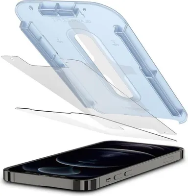 A screen protector kit for an iPhone 12/12 Pro, including an alignment tool and two screen protectors, is shown above a smartphone.