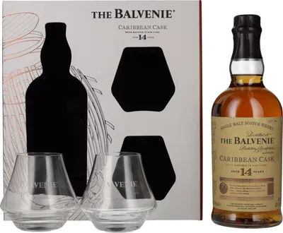 Produktbild von The Balvenie 14 Years Old Caribbean Cask Finish 43% Vol. 0,7l in Geschenkbox mit 2 Gläsern