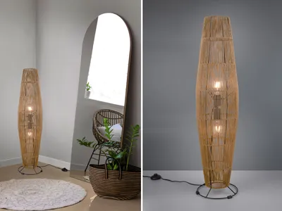 Produktbild von Kleine skandinavische LED Stehlampe für Wohnzimmer Ecke, Bodenlampe Rattan-Optik