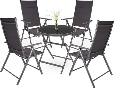 Produktbild von BRUBAKER Garten Sitzgruppe Riva - 1 Glastisch Klapptisch rund 70 cm Ø mit 4 Hochlehner Stühlen - Wetterfest - Silbergrau