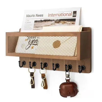 Produktbild von Schlüsselbretter, Schlüsselhalter aus Holz, Hängend, mit 6 Schlüsselhaken, Schlüsselablage, Dekorative Schlüsselbrett mit Briefkasten, für Wohnzimmer