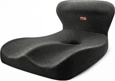 A dark gray orthopedic seat cushion with a distinctive ergonomic shape and a small logo on the backrest.