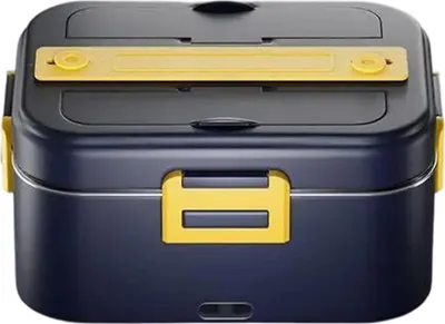 A dark blue and yellow electric heating lunchbox is shown against a white background.