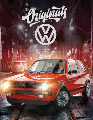 A red Volkswagen Golf GTI parked on a city street at night, with a VW logo and the word "Originals" above it.