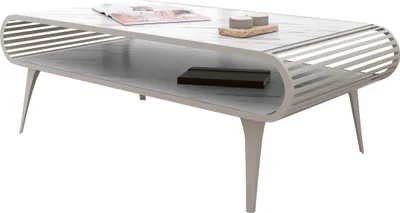 Produktbild von MIRJAN24 Couchtisch Aristo, Wohnzimmer Kaffeetisch, Basis aus Stahl (Farbe: Cashmere / Bianco Marmor)