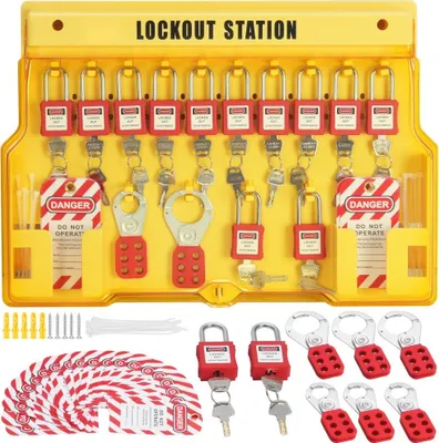 Immagine prodotto di Kit di lockout elettrico - set di 60 pezzi per il tagout di sicurezza con lucchetti, hasp e fascette - sistema di sicurezza industriale per la massima sicurezza