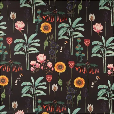 Produktbild von Baumwollstoff Meterware Blumen Palmenblätter schwarz bunt 1,40m