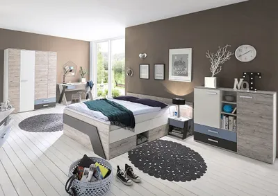 Produktbild von Jugendzimmer Set mit Bett 140x200 cm und Schreibtisch 5-teilig LEEDS-10 in Sandeiche Nb. mit weiß, Lava und Denim Blau