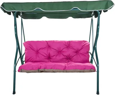 A garden swing with a pink cushion and a green canopy.