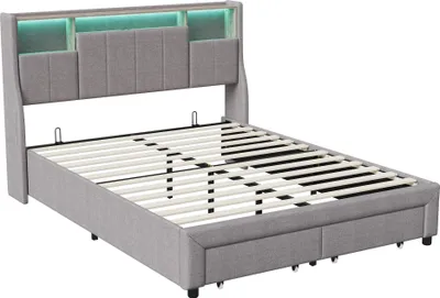 Obrázok produktu pre Čalúnená posteľ – dvojposteľ 140 x 200 cm – čelo s úložným priestorom – LED osvetlenie – USB port na nabíjanie – zásuvky – ľanová látka – sivá