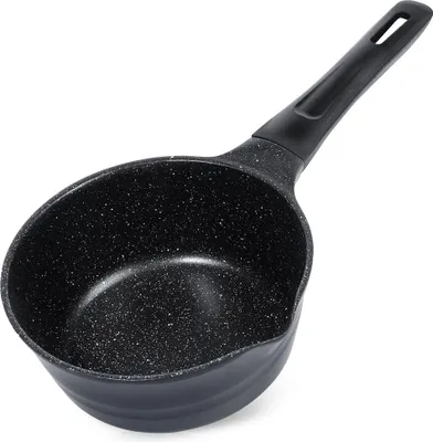 A black saucepan with a speckled finish and a black handle, isolated on a white background.