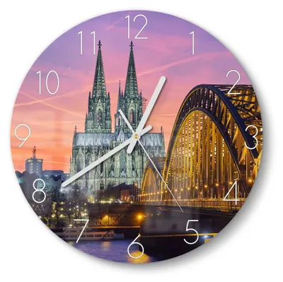 Produktbild von DEQORI Glasuhr Ø30 cm Zahlen 'Kölner Wahrzeichen abends' Wanduhr Glas Uhr Design leise