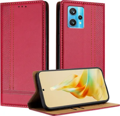 Produktbild von Handyhülle für Realme 9 Pro+ Leder Flip Klappbare Schutzhülle mit Standfunktion Rot