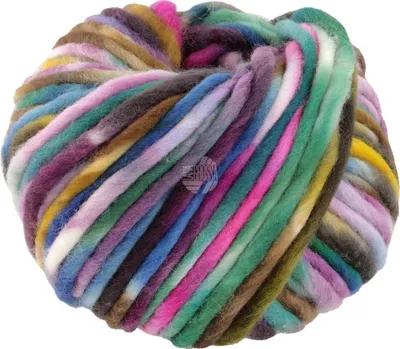 A ball of thick, multicolored yarn.