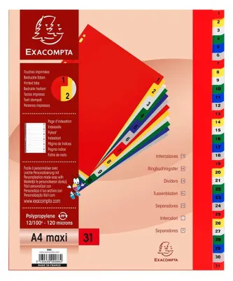 Obrázok produktu pre Register s 31 plastovými (polypropylénovými) priečinkami pre formát A4, rozmer 24,5 x 29,7 cm