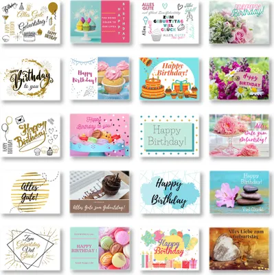 Produktbild von Domelo Geburtstagskarten 20er Set mit Umschlag, Happy Birthday Postkarten, Kraftpapier Karten zum Geburtstag, Geburtstagskarte für Mann/ Frau/ Kinder, Postkarte als Grußkarten
