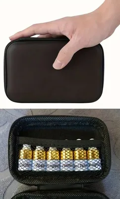 Produktbild von GKA 6 verschiedene Parfümöle in Aufbewahrungstasche für Reise Handtasche Monoi Tahiti, Rose, Maiglöckchen, Jasmin, Frangipani, lila Blüten Parfümöl