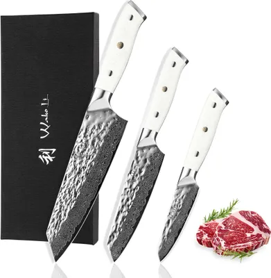 Produktbild von Wakoli Perle Blanche Küchenmesser-Set (3 Messer) I Damaststahl 67 Lagen mit VG10 (9-18 cm) | Premium Set mit G10-Griff und Geschenkbox