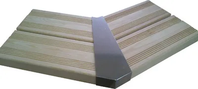 A product shot of a wooden corner connector for a jacuzzi.