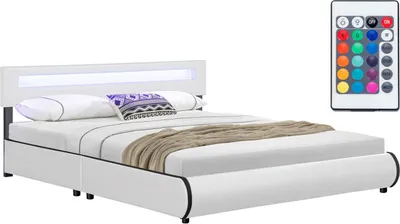Produktbild von Juskys Polsterbett Sevilla 180 x 200 cm weiß – Bettgestell mit LED Beleuchtung, Lattenrost & Kopfteil – Kunstleder & Holz – Bett Doppelbett