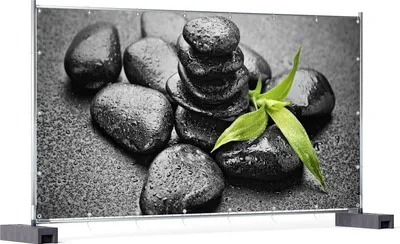 Produktbild von Wallario XXL Outdoor-Poster für Garten oder Balkon, Motiv Bambustrieb auf schwarzen Steinen, benetzt mit Wasser-Tropfen, in ca. 340 x 173 cm