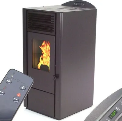 A black pellet stove with a visible flame and a remote control in the foreground.