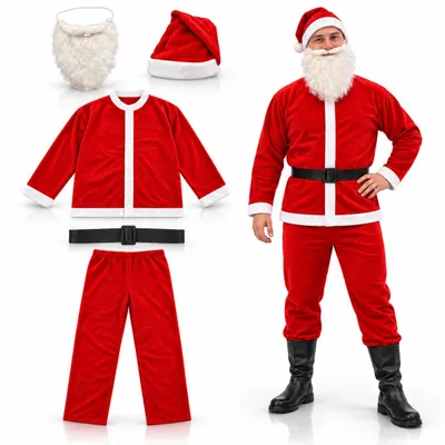 Produktbild von Nikolauskostüm 5 in 1 für Erwachsene – Weihnachtsmann Anzug mit Mütze, Bart, Hose & Gürtel, Weihnachtskostüm für Herren zu Weihnachten & Nikolaus