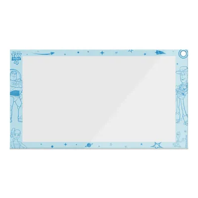 A light blue tablet screen protector with Toy Story 4 characters drawn on the border.