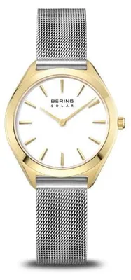 Produktbild von BERING Damen Solar-Quarz Uhr | Armbanduhr 35 mm goldenes Edelstahlgehäuse und we