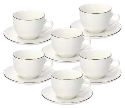 6 Teetassen mit Untertassen, Porzellan, weiß/gold, 260 ml