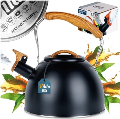 Produktbild von Vilde Wasserkocher mit Pfeife Wasserkessel Pfeifkessel aus Edelstahl schwarz 2,5 L