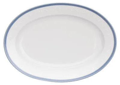 Produktbild von Thun, 1794. Ovale Schale, tschechisches Porzellan, 24 cm Durchmesser, weiße Spitzenbordüre, blauer Rand. Marke: Thun