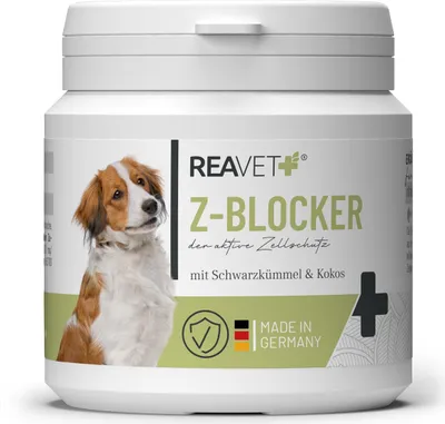 Produktbild von REAVET Z-Blocker Tabletten 120 Stück – Mit Bierhefe, Schwarzkümmel & Kokos I 8 Monatsrationen für Hunde Aller Rassen & jeden Alters I Optimal für Hunde für Jede Jahreszeit