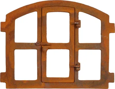 A rusty metal window frame with multiple panes and a hinged door.