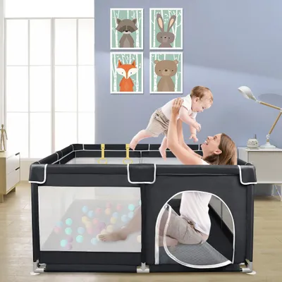 Produktbild von YZNAHRE Laufstall Baby 127x127 cm Laufgitter Bällebad mit 50 Bällen, Atmungsaktivem Netz und 4 Zugringen Baby Playpen Aktivitätszentrum Absperrgitter Schutzgitter, Schwarz