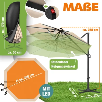 Image de Parasol KESSER® pour pergola, modèle SUN, diamètre 330 cm, réglable en 7 positions, rotation à 360°, avec housse de protection