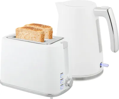 Image de HOMCOM Ensemble bouilloire et grille-pain en acier 2200 W et 1,7 L, bouilloire à thermostat Otter, filtre anticalcaire, grille-pain 2 tranches, 7 niveaux de brunissage et plateau à miettes, blanc