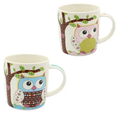 Imagen del producto de Juego de 2 tazas de café de porcelana con adorables diseños de búhos. Aptas para lavavajillas